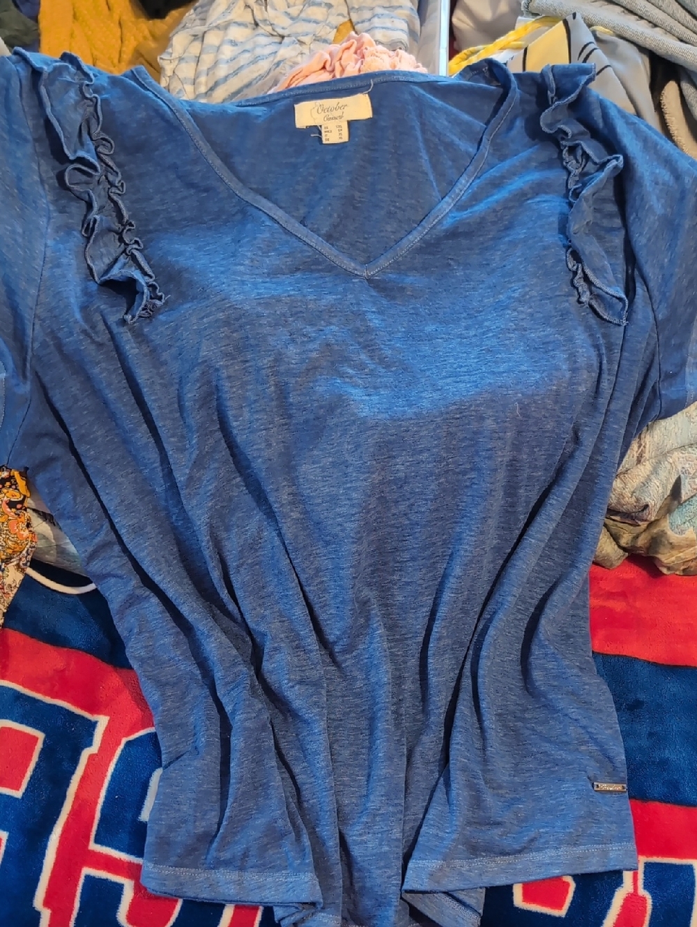 croft & barrow Blue V-Neck Short Sleeve Top with Ruffle Shoulders